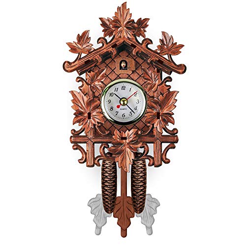 AXROAD MALL Madera del Reloj de Cuco Blackforest Hillside Chalet con Animales Maravillosos con Movimiento de Cuarzo de Giro automático del Reloj de Pared Antiguo (Color : Leaves)