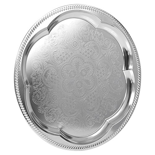 Bandeja de servir con efecto de pulido de plata, Plain Embossed, Round Etched Flower