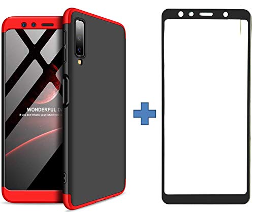 BCIT Samsung Galaxy A7 2018 Funda - Funda 360 Grados Integral Para Ambas Caras + Cristal Templado, Luxury 3 in 1 PC Hard Skin Carcasa Case Cover para Samsung Galaxy A7 2018 (Rojo & Negro)