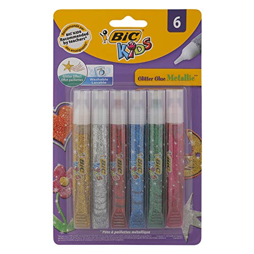 Bic Kids Glitter Pegamento con Purpurina Colores Metálicos – Colores Surtidos, Blíster de 6 Unidades