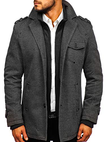 BOLF Hombre Abrigo De Invierno Botonadura Simple Cuello Reversible Cierre de Cremallera y Botones JUSTBOY 88801 Gris L [4D4]