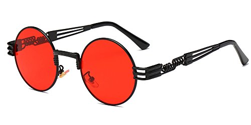 BOZEVON Estilo retro de Steampunk inspiró las gafas de sol redondas del círculo del metal para las mujeres y los hombres, Negro-Transparente Rojo