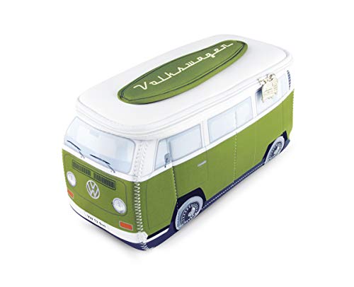 BRISA VW Collection - Volkswagen Furgoneta Hippie Bus T2 Van Bolsa Universal de Neopreno, Neceser, Bolso de Maquillaje-Cosméticos-Aseo, Estuche de lápices, Caja de Almuerzo, Equipaje (Verde/Blanco)