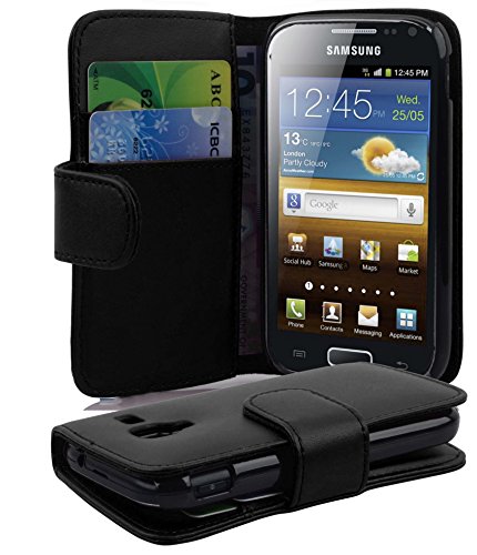 Cadorabo Samsung Galaxy Ace 2 Funda de Cuero Sintético Liso en Negro DE Caviar Cubierta Protectora Estilo Libro con Cierre Magnético, Tarjetero y Función de Suporte Etui Case Cover Carcasa