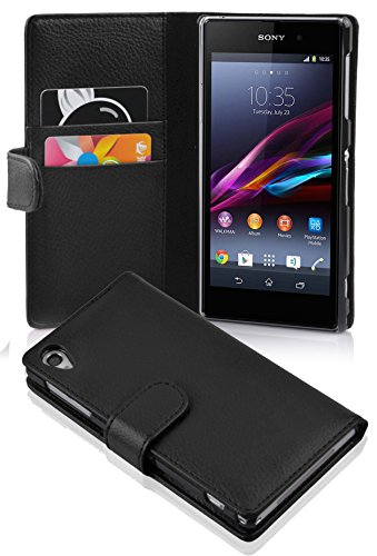 Cadorabo Sony Xperia Z1 Funda de Cuero Sintético ESTRUCTURA en NEGRO ÓXIDO Cubierta Protectora Estilo Libro con Cierre Magnético, Tarjetero y Función de Suporte Etui Case Cover Carcasa Protección Caja