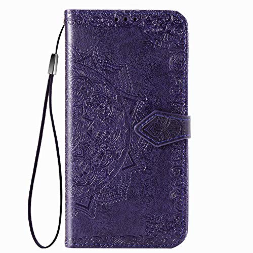 Fertuo Funda para Redmi 9, Carcasa Libro con Tapa de Cuero Piel con Ranuras de Tarjeta, Soporte, Cierre Magnético [Mandala] Wallet Case Flip Cover para Xiaomi Redmi 9, Púrpura