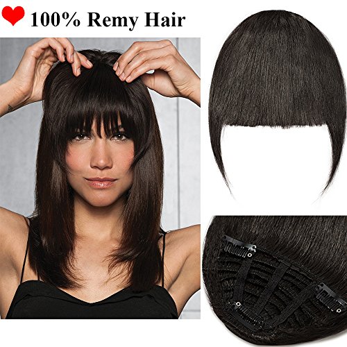 Flequillo Postizo Pelo Natural Clip 100% Remy #1B Negro Natural Pelo Natural Humano Extensiones de Cabello Natural Clip Una Pieza Postizos Clip in Fringe Bangs (30cm,25g)