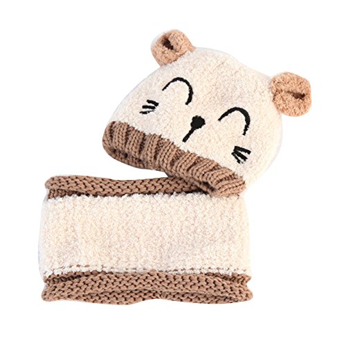 Fossen Invierno 1-3 años Bebe Niña Niño Conjunto de Gorros y Bufanda Gatito de Dibujos Animados Sombrero + Bufanda de Felpa Cuello Redondo (Beige)