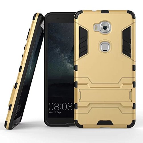 Funda Honor 5X, MHHQ 2in1 Armadura Combinación A Prueba de Choques Heavy Duty Escudo Cáscara Dura PC + Suave TPU Silicona Rubber Case Cover con soporte para Huawei Honor 5X -Gold