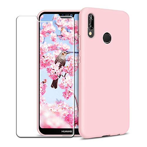 Funda Huawei P20 Lite + Protector de Pantalla de Vidrio Templado, Carcasa Ultra Fino Suave Flexible Silicona Colores del Caramelo Protectora Caso Anti-rasguños Back Case - Rosa Claro