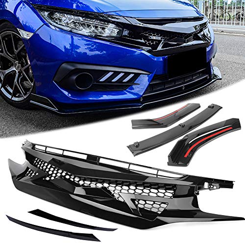 HCDSWSN Auto Car Mesh Front Hood Grille + Lip Bumper Cover Lip, para Honda Civic 2016 2017 2018 Todos los Modelos Negro Brillante