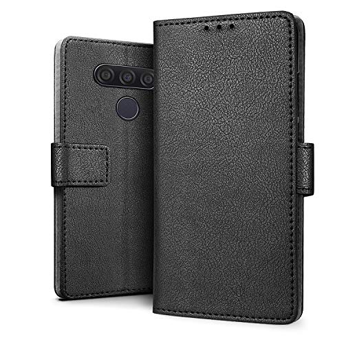 HDRUN Funda LG Q60 - Prima Carcasa Libro de Cuero PU Tapa Billetera con Ranuras de Tarjeta Cierre Magnético Elegante Protección Carcasa Case Compatible para LG Q60, Negro