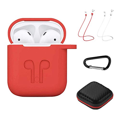 Hianjoo Funda Compatible con Airpods 1&2, Estuche Suave 7 en 1 Fundas Protectora de Silicona con Correa Anti, pérdida/mosquetón/Estuche de PU, Rojo