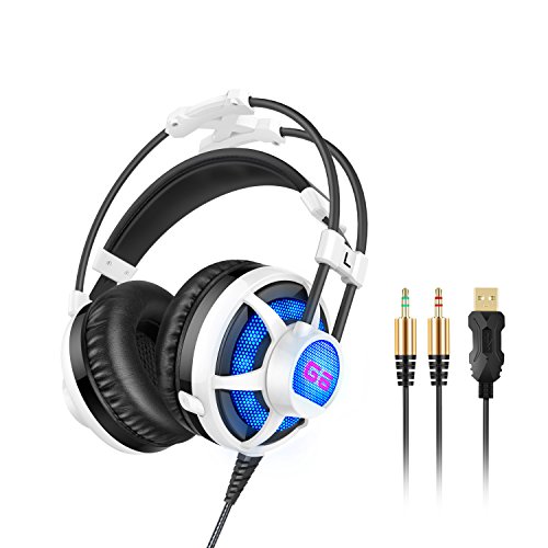 Honstek G6 Stereo Gaming Headset, LED de 3,5 mm Auriculares para colocar sobre la oreja con micrófono para PC del juego y de la Música(Noir/blanc)