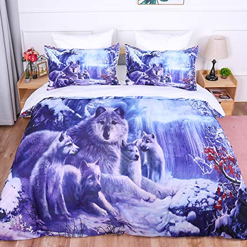 Juego de funda nórdica con estampado de edredón Snow Wolf 3D Animal Wolf Familia impresa con ropa de cama y cierre de cremallera para niños, niños, adultos, microfibra individual 140x200cm