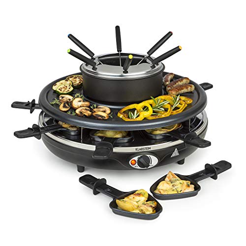 Klarstein Fonduelette Raclette y Fondue, 1350 W, Fondue: 1 L, superficie grill: 38cm Ø, revestimiento antiadherente, asas resistentes al calor, 8 horquillas para fondue de acero inoxidable