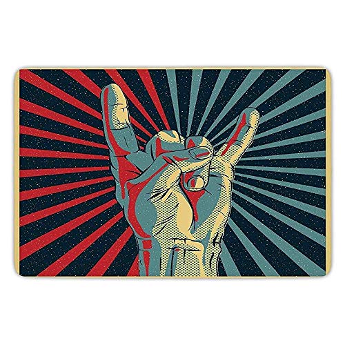 Klotr Felpudos, Kitchen Floor Mat Carpet,Music,Hand in Heavy Rocker Sign Musical Universal Gesturing Thunder Bolts Party People Decorative, Flannel Microfiber Non-Slip Soft Absorbent