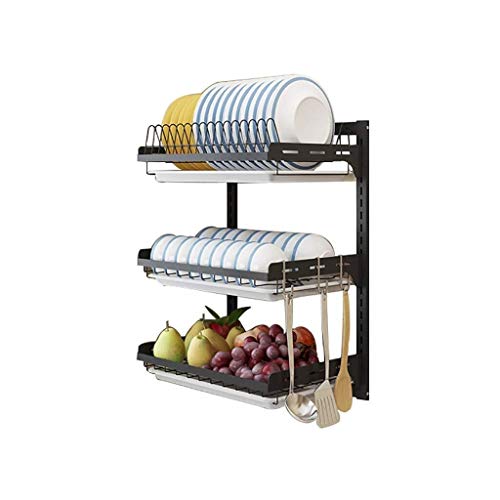 KTYX Montado en la Pared del Plato Estante de Secado, la Capa de Altura Ajustable de 3 gradas Rack Plato con Escurridor de Cocina encimera, Colgantes Plato Grande de Acero Inoxidable Secadora Negro