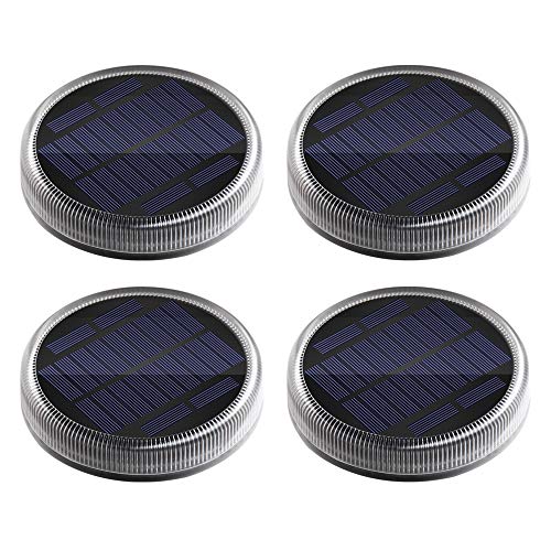 Luces Solares Exterior, Lámpara Solar Jardin 24 LED 360°Iluminación IP68 Impermeable Auto ON/OFF Luz Solar del Piso para Step Garaje Camino Deck Entrada Calle Valla - Blanco Cálido - Redondo - 4 Pack