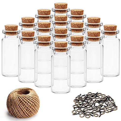 Mini Botellas de Vidrio con Tapón de Corcho (60 Piezas) - 10ml Miniatura Viales de Vidrio Frascos con 30m Cordel y 60 Tornillos de Ojo para Deseo de Fiesta Mensaje, Bodas Decoración, DIY Manualidades