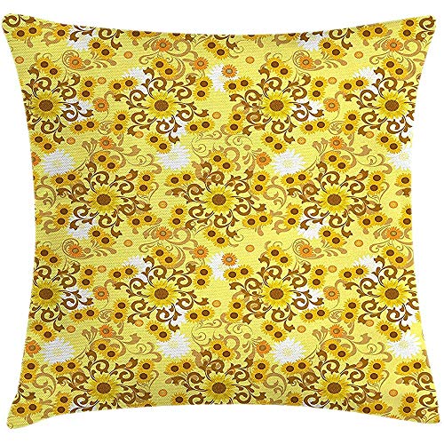 NAN TIAO Funda de cojín de cojín de Girasol, Curlicues con Estampado de Flores Arreglo Abstracto Inspiraciones de Verano 18 X 18 Pulgadas, Ora Amarilla