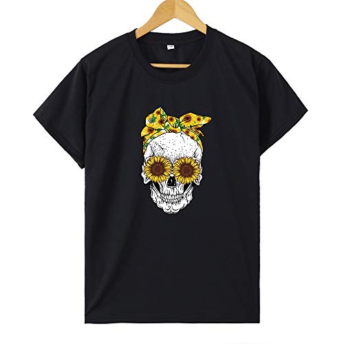 NOBRAND Creative 2020 New Chrysanthemum Gafas de sol con impresión de calavera, casual, manga corta, suelta camiseta grande para mujer Negro Negro ( M