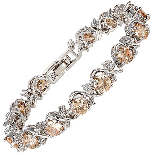 Rizilia Flor Tenis Pulsera [18cm/7inch] con Corte Redondo Piedras Preciosas Circonita CZ [Champán] en 18K Chapado en Oro Blanco, Elegancia Moderna Sencillo