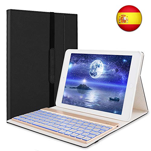 SENGBIRCH Teclado con Funda para el Nuevo iPad 9.7 2018-iPad 9.7 2017-iPad Air 2-iPad Air-iPad Pro 9.7, Español 7 Colores con Retroiluminación Inalámbrica Bluetooth-iPad Teclado Español, Negro