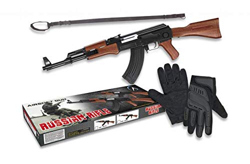 Set de Airsoft, AK47 de Aire Suave 0,5 Julios 38320, Cinta 34207 y Guantes tácticos 34348 Airsoft Paintball Caza Supervivencia tactico Camping Outdoor 33967 + Portabotellas de regalo