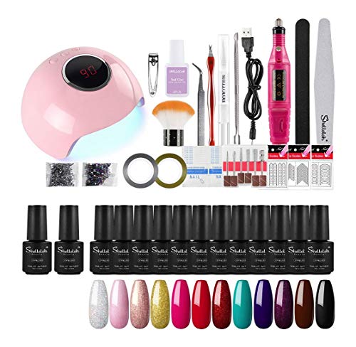 Shelloloh 12pcs Kit de Esmaltes Semipermanentes Esmaltes en Gel Uñas Soak off 7ml Lámpara LED/UV Uñas 24W Secador de Uñas Pulidor Taladro Nail Pulidora Torno Base Coat Top Coat Manicura Pedicura Kit