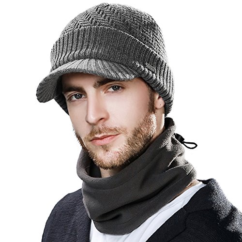 Siggi - Comhats - Conjunto de gorro y bufanda, gorro de punto con visera, de lana, para el invierno, bufanda, de forro polar, braga de cuello, para hombres Gris 69311_Gris L