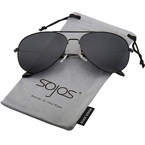 SojoS Gafas De Sol Para Hombres Y Mujeres Aviator Clásico Marco Metal Lentes Espejo Polarizadas SJ1054 Marco Negro/Lentes Grises