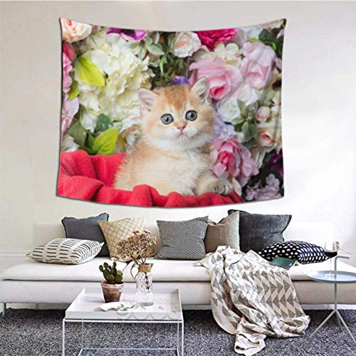 Tapiz masculino Adorable gatito británico de pelo corto en flores Tapices de pared 60x51 pulgadas (152x130cm) Colgante de pared Arte Decoración para el hogar Poliéster para sala de estar Dormitorio