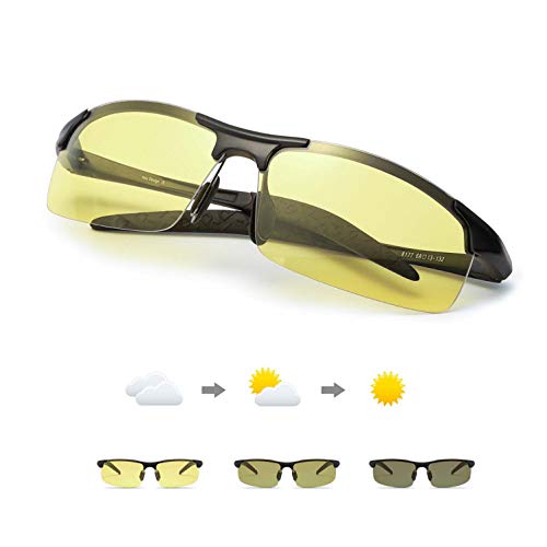 TJUTR Fotocromaticas Gafas de Sol para Conducción Nocturna Polarizadas Hombre, Marco de Metal Anti Reflectante Gafas Nocturna - 100% Protección UVA UVB (Negro(deportivas)/Amarillo Photochromic)