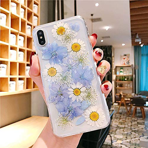 Tybaker - Carcasa para iPhone XS, funda para iPhone XR, transparente, flexible, de goma, hecha a mano, diseño de margaritas secas, Gel TPU policarbonato goma, Azul y blanco., iPhone Xr