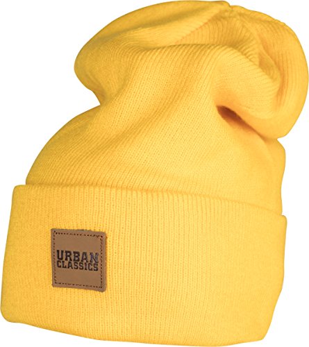 Urban Classics Leatherpatch Long Beanie Gorro de Punto, Amarillo (Chrome Yellow 1148), Talla única Unisex Adulto