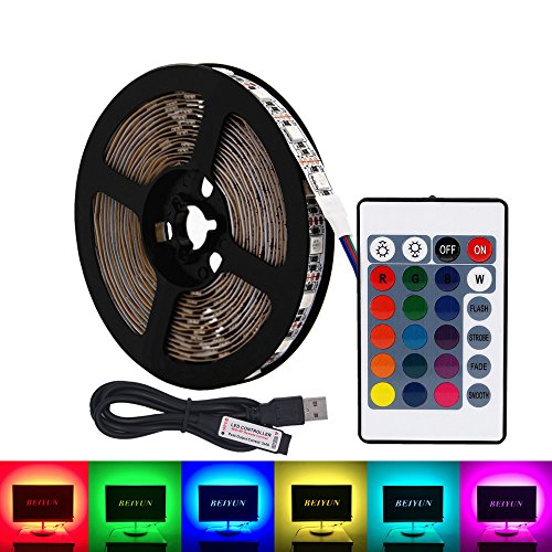 USB RGB LED tira de luz,5V 5 metros 300leds 5050 Tira de luz suave coloreada,colorido Luz de fondo de TV con 24 teclas de control remoto IR, DIY Decoración de fiesta Iluminación-No impermeable