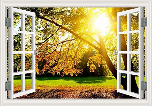 Ventana 3D Natural cuatro estaciones Paisaje de la mañana Bosque Amanecer Sol Bosque pastizales Cielo Verde Árbol Etiqueta de la pared Calcomanía PVC Cartel Mural Dormitorio Decoración del hogar