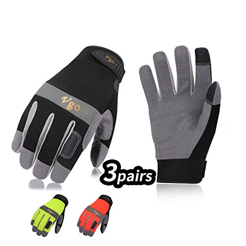 Vgo 3Pares Guantes de Trabajo de Cuero Sintético (Color Negro, Verde y Naranja Fluorescente, Talla 10/XL, SL7584)