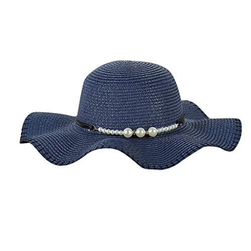 Yvelands Mujeres Liquidación Big Wide Brim Sombrero de Paja Decoración de Perlas Playa Sun Gorra Plegable (Armada,Un tamaño)