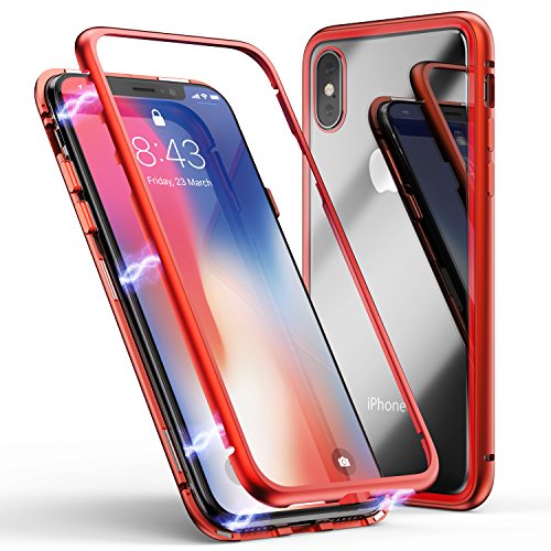 ZHIKE Funda para iPhone X/XS Funda de Adsorción Magnética Súper Delgada Marco de Metal de Vidrio Templado con Cubierta Magnética Incorporada para Apple iPhone 10/X/XS (Rojo Claro)