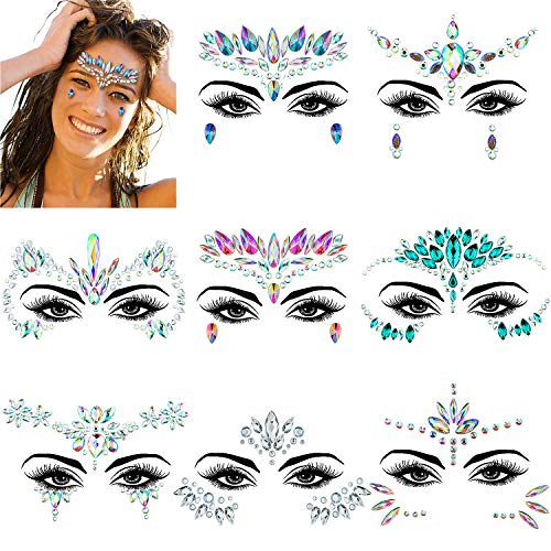 ZWOOS 8 Piezas Joyas Pegatinas Cara, Face Gems Stickers, Tatuajes Cristal Temporales Pegatinas, Face Jewels para Fiestas Shows Make Up Maquillaje