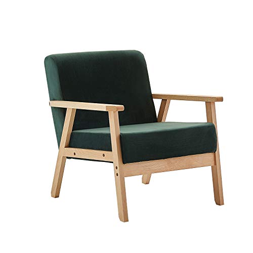 DORAFAIR Retro Butaca de Salón Terciopelo Sillón de Relajación, Estructura de Madera Maciza + Cojín, Verde Oscuro