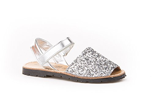 Sandalias Menorquinas para Niñas en Glitter Todo Piel mod203. Calzado infantil Made in Spain, Garantia de calidad. (31, Plata)