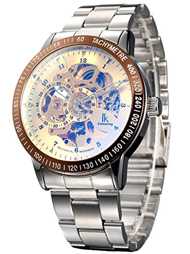 Alienwork IK Reloj Mecánico Automático Relojes Automáticos Hombre Mujer Acero Inoxidable Plata Analógicos Unisex Oro Impermeable Esqueleto