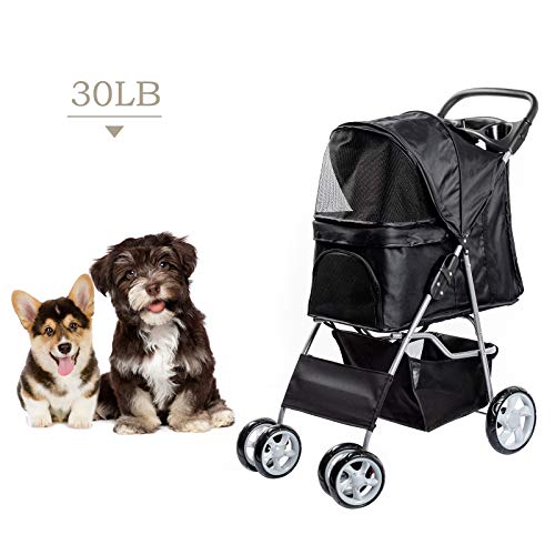 Dawoo Carrito para Mascotas De 4 Ruedas para Gatos/Perros, Carrito De Jogging Fácil De Plegar, con Canasta De Almacenamiento y Portavasos (Negro)