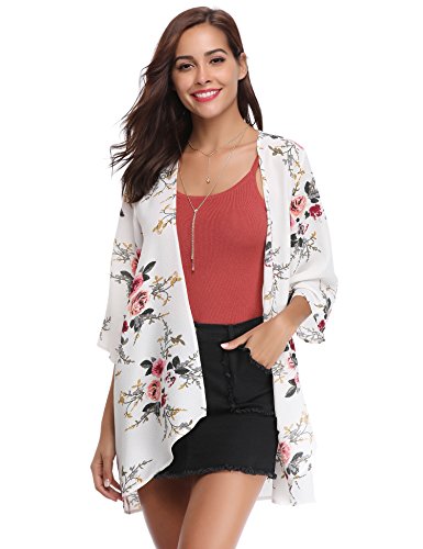 Abollria Playa Cárdigan Florales Chal de Gasa Manga 3/4 Ropa de Baño Cover Up para Mujer IR al Mar Pareo Casual Boho Style Capas Chaqueta Kimono para Vacaciones Verano y Fiesta