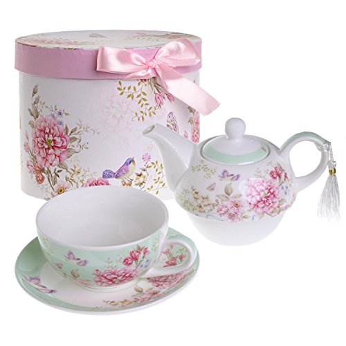 London Boutique Tea for One - Juego de Tetera, diseño de Flores y Mariposas, Color Verde Azulado