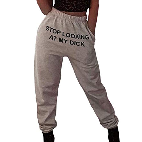 Pantalones de Deporte para Mujer Pantalones Harén Estampado Stop Looking AT MY Cintura Alta Estilo Hip Hop Jogging Pantalones Unisex (Gris,M)