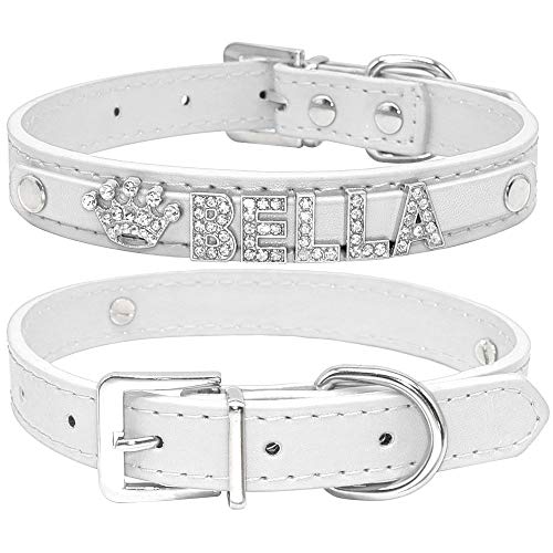 WXPC Bling Rhinestone Cachorro Collares de Perro Personalizados Perros Pequeños Collar de Chihuahua Collar Personalizado Nombre Gratis Encantos Accesorios para Mascotas Blanco, M